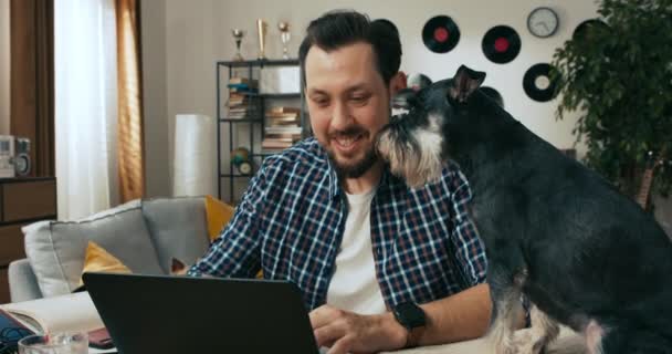 专心致志的年轻黑发男子坐在电脑笔记本电脑前工作时 会有很多庆祝活动 他们会送给可爱的小狗5块钱 — 图库视频影像