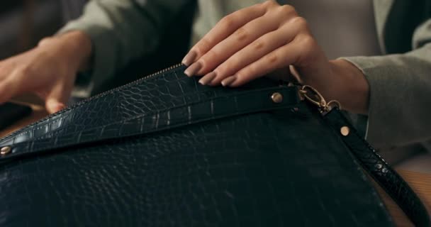 Selective Focus Close Shot Womans Hands Putting Things Bag Taking — Vídeos de Stock