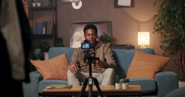 Tech Savvy Professional Laptop Hand African Man Sits Couch Living — Stock Video