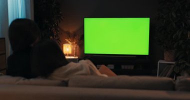 Kadınlar güzel lezbiyen eşcinsel çift oturma odasında oturmuş televizyon seyrediyor. Konforlu evde beyaz ekran modelleme kavramı.