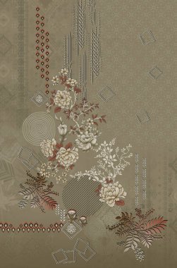 Tekstil dijital tasarım motif deseni el yapımı sanat eseri çerçeve hediye kartı duvar kağıdı kadın bezi soyut sınır halısı etnik kilise vb. Jeometrik işlemeli yarı cesur çiçek tasarımları