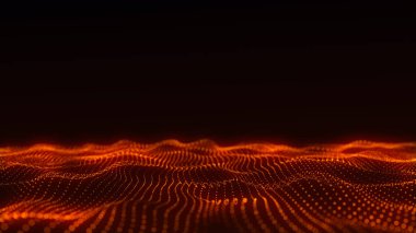 Dijital teknoloji dalgası. Turuncu noktalı ve çizgili karanlık siber uzay. Fütürist dijital arka plan. Büyük veri analizleri. 3d oluşturma.