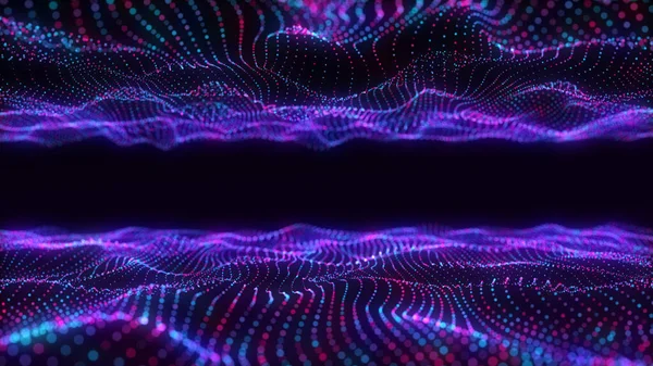 数字技术双波 黑暗的网络空间 有彩色运动点 未来数字背景 大数据分析 3D渲染 — 图库照片