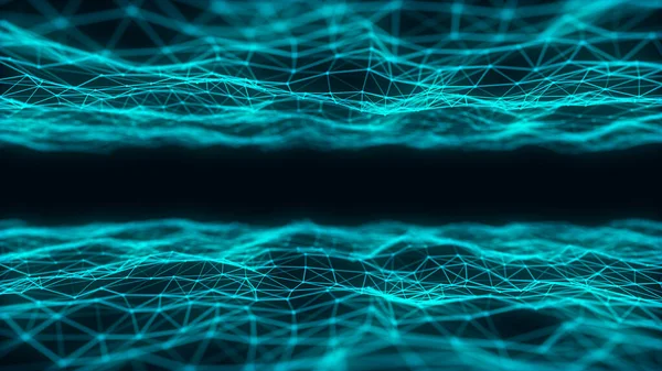 数字技术双波 有蓝色运动点和线条的黑暗网络空间 未来数字背景 大数据分析 3D渲染 — 图库照片