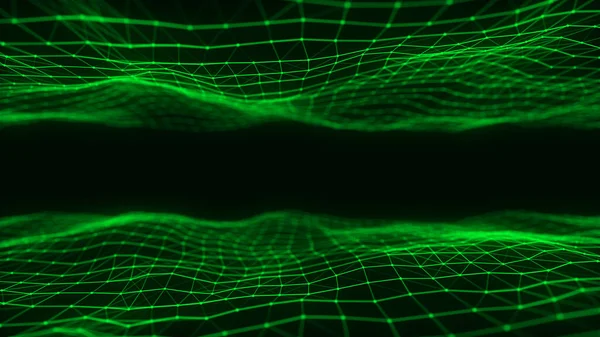 数字技术双波 有绿色运动点和线条的黑暗网络空间 未来数字背景 大数据分析 3D渲染 — 图库照片