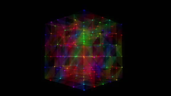 空间未来主义立方体 网络连接结构网络空间与移动粒子在一个密闭的房间 大数据可视化 摘要网络安全背景 3D渲染 — 图库照片