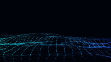 Vektör dijital teknoloji dalgası. Mavi noktalı ve çizgili karanlık siber uzay. Fütürist dijital arka plan. Büyük veri analizleri.