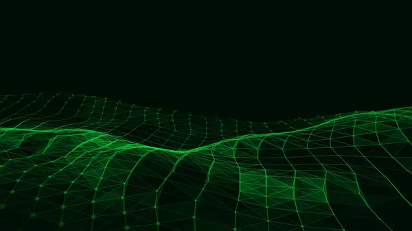 ベクトルデジタル技術の波 緑の動き点と線で暗いサイバー空間 未来的なデジタル背景 ビッグデータ分析 — ストックベクタ