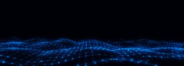 Dijital teknoloji dalgası. Mavi noktalı ve çizgili karanlık siber uzay. Fütürist dijital arka plan. Büyük veri analizleri. 3d oluşturma.