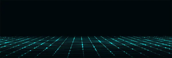 テクノロジーの視点グリッドの背景 デジタル空間のワイヤーフレームの風景 黒の背景にベクトル青のメッシュ — ストックベクタ