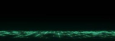 Teknoloji perspektifi şebeke geçmişi. Dijital uzay kablosu manzarası. Siyah arka planda yeşil ağ. 3d oluşturma.