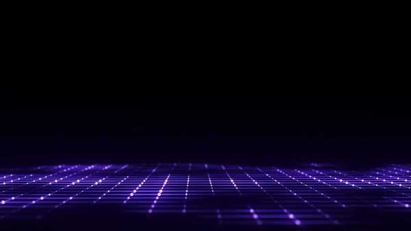 Технологическая Перспектива Цифровой Космический Пейзаж Фиолетовая Сетка Черном Фоне Рендеринг — стоковое фото