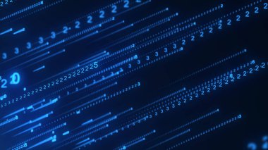 Matris teknolojisi geçmişi. İkili kodlu siber güvenlik. Rastgele mavi sayılar hızla düşüyor. Şifre çözücü algoritmalar hacklendi. Büyük veri görselleştirmesi. 3d oluşturma.