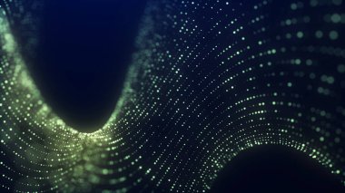 Dijital teknoloji dalgası. Yeşil noktalı karanlık siber uzay. Fütürist dijital arka plan. Soyut müzik arkaplanı. Parçacık akışıyla büyük veri görselleştirmesi. 3d oluşturma.