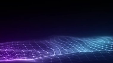 Dijital teknoloji dalgası. Renkli hareket noktaları ve çizgileri olan karanlık siber uzay. Fütürist dijital arka plan. Büyük veri analizleri. 3d oluşturma.