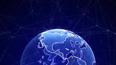 Veri bağlantı ağı olan sanal gezegen Dünya. Teknolojik dijital dünya arkaplanı. Parçacıkların ve çizgilerin olduğu soyut küre. Gezegenin güvenlik yapay zekası. 3B görüntüleme.