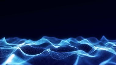 Dijital teknoloji dalgası. Mavi noktalı ve çizgili karanlık siber uzay. Fütürist dijital arka plan. Büyük veri analizleri. 3d oluşturma.