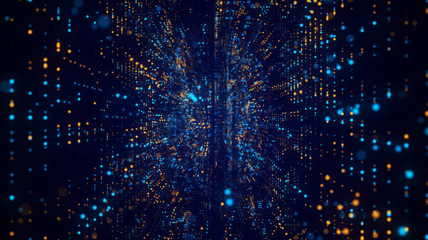 Abstract sci-fi pink tunnel. Digital database cyberspace. Decoding algorithms hacked software in funnel. Wormhole with cyber security from particles. 3D portal. 3d rendering.