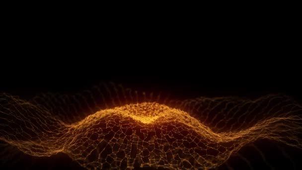 带圆点和线条的橙色音乐声波 有移动粒子的黑暗网络空间 带有数字数据库的未来主义圆环波 大数据分析 3D渲染 — 图库视频影像