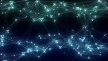 İş için fütüristik fon. Hareketli parçacıklar ve sayılarla ağ bağlantısı siber uzayı. Büyük veri görselleştirmesi. Veritabanındaki siber güvenlik geçmişini özetle. 3B görüntüleme.