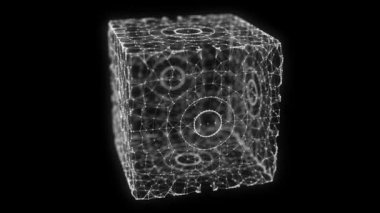 Uzay fütüristik küpü. Hareketli parçacıklar ve çizgilerle ağ bağlantısı siber uzayı. Beyaz küp blok zinciri. Büyük veri görselleştirmesi. Soyut siber güvenlik geçmişi. 3B görüntüleme.