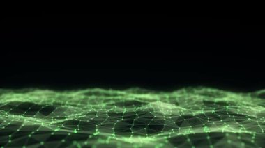 Dijital teknoloji dalgası. Yeşil hareket noktaları ve çizgileri olan karanlık siber uzay. Fütürist dijital arka plan. Büyük veri analizleri. 3d oluşturma.
