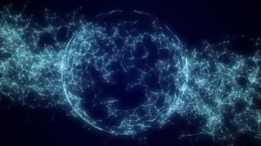Hareket eden parçacıklarla siber uzayda ağ bağlantısı olan bilim kurgu mavi küre. Büyük veri görselleştirmesi. Kablo çerçeve küresi. Soyut teknoloji geçmişi. 3d oluşturma.