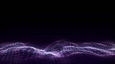 Dijital teknoloji dalgası. Renkli hareket noktaları ve çizgileri olan karanlık siber uzay. Fütürist dijital arka plan. Büyük veri analizleri. 3d oluşturma.