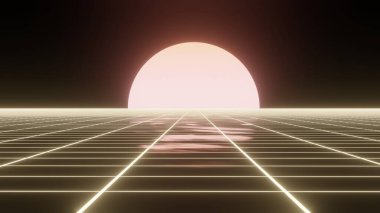 Teknoloji arka plan perspektif retro ızgarası. 80 'lerin gelecekçi siber yüzeyi, 90' ların stili. Parlak güneşle arka planda turuncu örgü. Dijital uzay kablosu manzarası. 3d oluşturma.