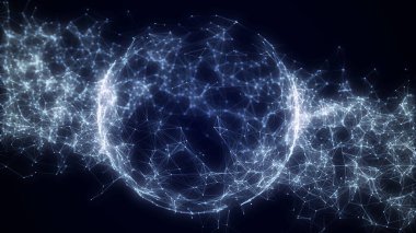 Hareket eden parçacıklarla siber uzayda ağ bağlantısı olan bilim kurgu mavi küre. Büyük veri görselleştirmesi. Kablo çerçeve küresi. Soyut teknoloji geçmişi. 3d oluşturma.