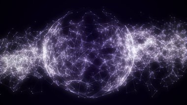 Hareket eden parçacıklarla siber uzayda ağ bağlantısı olan bilim kurgu mor küresi. Büyük veri görselleştirmesi. Kablo çerçeve küresi. Soyut teknoloji geçmişi. 3d oluşturma.