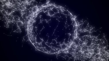 Hareket eden parçacıklarla siber uzayda ağ bağlantısı olan bilim kurgu mavi küre. Büyük veri görselleştirmesi. Kablo çerçeve küresi. Soyut teknoloji geçmişi. 3d oluşturma.