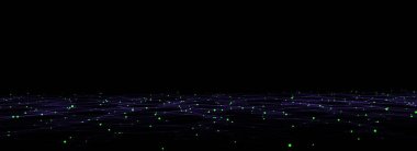 Teknoloji vektör perspektifi arka planı. Dijital uzay kablosu manzarası. Renkli hareket noktaları ve çizgileri olan karanlık siber uzay. Fütürist dijital ağ arka planı. Büyük veri analizleri.