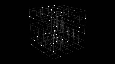 Vektör fütüristik uzay, siyah küp. Kapalı odada parçacıkları hareket ettiren ağ bağlantısı siber uzayı. Büyük veri görselleştirmesi. Sanal güvenlik geçmişini özetle.