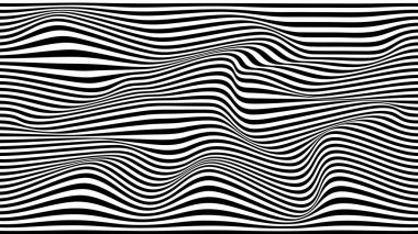 Psikedelik dalga optik illüzyonu. Siyah ve beyaz çizgilerle soyut vektör çarpıtılmış arka plan. İşlem sanatı desenleri.