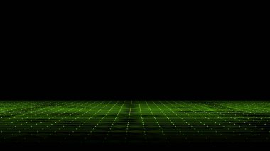 Teknoloji perspektifi şebeke geçmişi. Dijital uzay kablosu manzarası. Siyah arkaplanda vektör yeşil ağı.