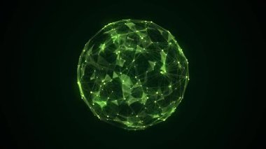 Parçalı bilim kurgu yeşil küre. Ağ bağlantısını kavra. Çerçeve küresi. Soyut teknoloji geçmişi. 3d oluşturma.