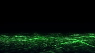 Dijital teknoloji dalgası. Yeşil hareket noktaları ve çizgileri olan karanlık siber uzay. Fütürist dijital arka plan. Büyük veri analizleri. 3d oluşturma.