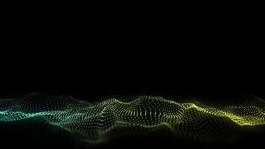 Dijital teknoloji dalgası. Renkli hareket noktaları ve çizgileri olan karanlık siber uzay. Fütürist dijital arka plan. Büyük veri analizleri. 3d oluşturma.