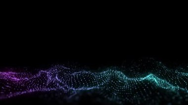 Dijital teknoloji dalgası. Renkli hareket noktaları ve çizgileri olan karanlık siber uzay. Fütürist dijital arka plan. Büyük veri analizleri. 3d oluşturma.