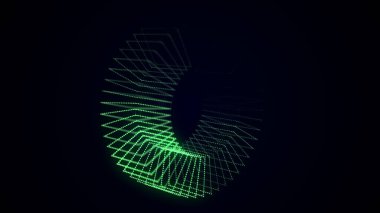 Parçacıkları ve çizgileri olan bilim kurgu yeşil torus. Ağ bağlantısını kavra. Torus 'u çerçevele. Soyut teknoloji geçmişi. 3d oluşturma.
