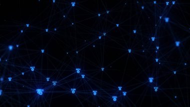 İş için fütüristik fon. Hareketli parçacıklar ve sayılarla ağ bağlantısı siber uzayı. Büyük veri görselleştirmesi. Veritabanındaki siber güvenlik geçmişini özetle. 3B görüntüleme.