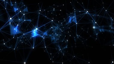 İş için fütüristik fon. Hareket eden parçacıklarla ağ bağlantısı siber uzayı. Büyük veri görselleştirmesi. Soyut siber güvenlik geçmişi. 3B görüntüleme.