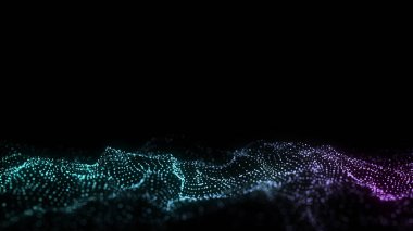 Dijital teknoloji dalgası. Renkli hareket noktaları ve çizgileri olan karanlık siber uzay. Fütürist dijital arka plan. Büyük veri analizleri. 3d oluşturma.