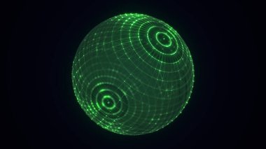 Parçalı bilim kurgu yeşil küre. Ağ bağlantısını kavra. Çerçeve küresi. Soyut teknoloji geçmişi. 3d oluşturma.