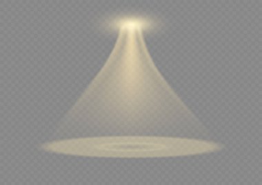 Vektör ışıkları. Sarı renkli ışık efekti. Işıldayan, izole, altın ışıltılı ışık efekti. Spot ışıkları özel efekt tasarımı. Ray vektör elementi. Parlak, izole sarı şeffaf.