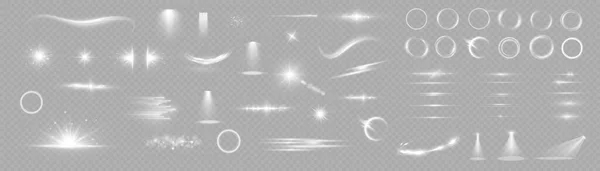 抽象的な特殊効果 光の効果セット グロー分離白色透過光効果セット レンズフレア 太陽の閃光 火花と星 スポットライト カーブの渦巻き — ストックベクタ