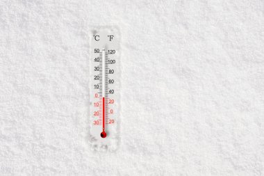 Beyaz santigrat ve kardaki fahrenheit termometresi. Çevre sıcaklığı sıfır derece.
