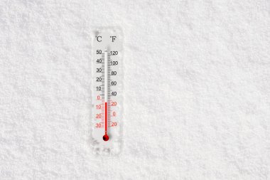 White celsius and fahrenheit scale thermometer in snow. Ambient temperature minus 3 degrees celsius