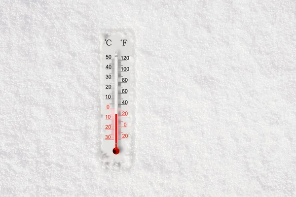 White celsius and fahrenheit scale thermometer in snow. Ambient temperature minus 5 degrees celsius